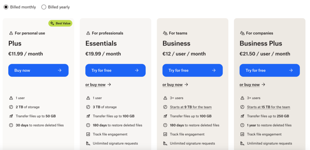 Dropbox vs Terabox - Dropbox Pricing