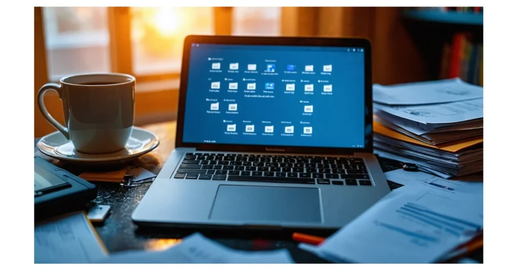 An open laptop on cluttered desk.