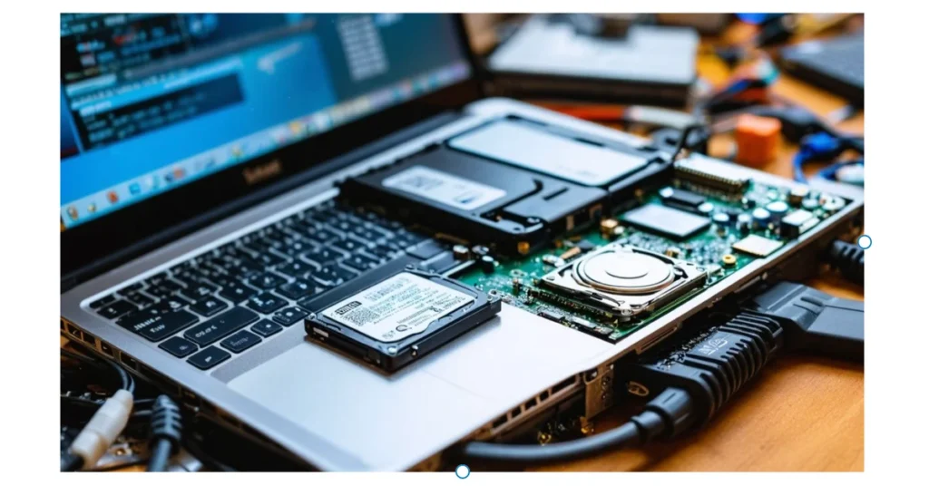 An open laptop on a cluttered desk with SSD installation.