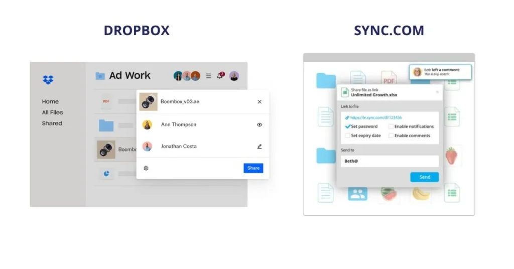 Dropbox vs Sync.com - File Sharing Interface