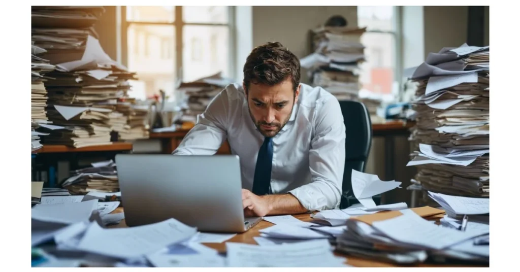 A stressed businessman works at a cluttered desk with open laptop.