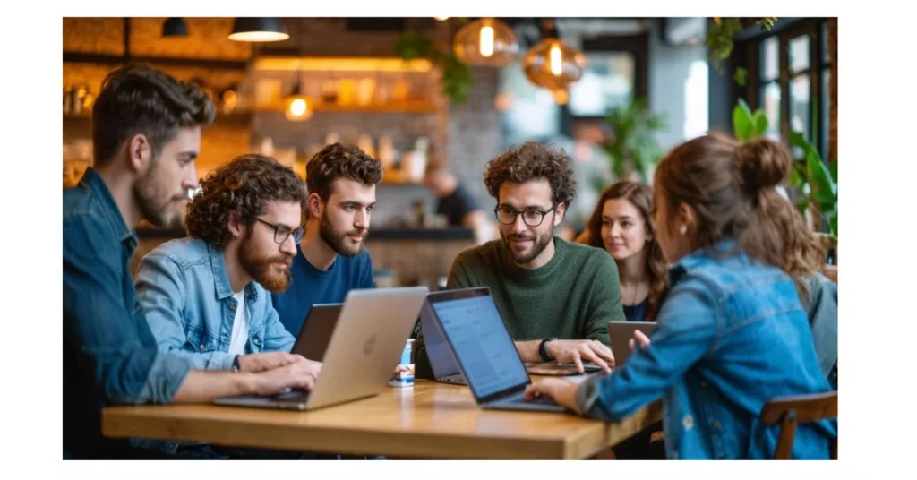 Tech-savvy group discussing decentralized storage networks in a coffee shop.