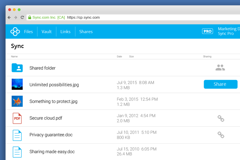 Dropbox vs Sync.com - Sync.com User Interface