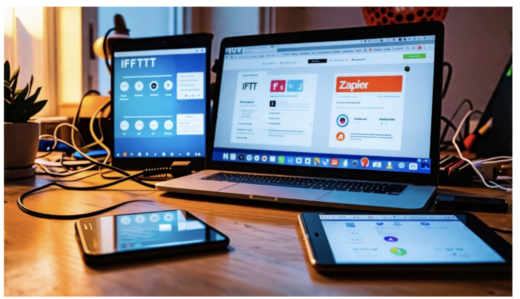 A cluttered desk with multiple electronic devices displaying automation interfaces.