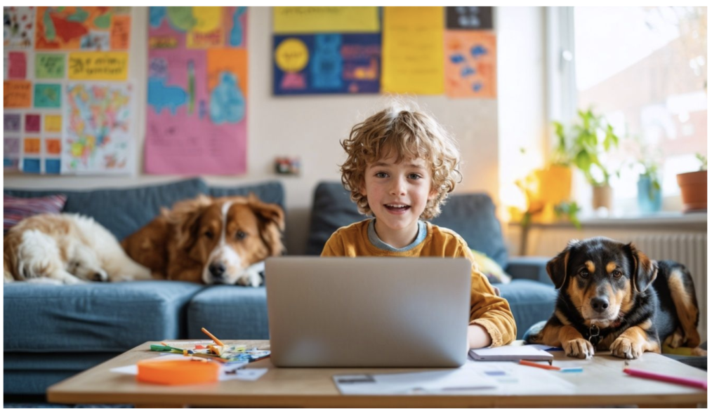 A young child experiments with machine learning project in cozy living room.