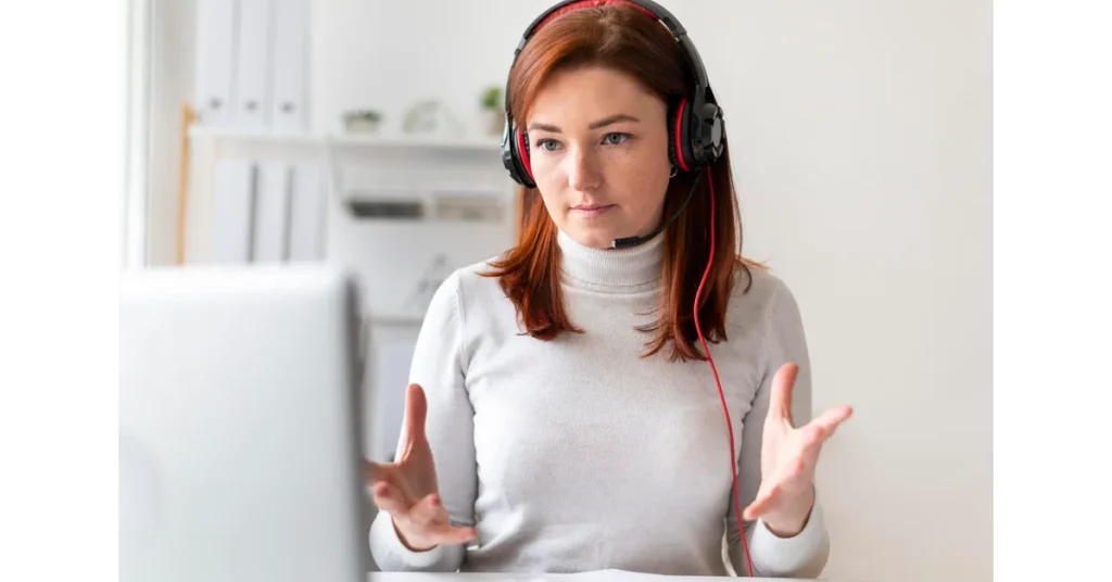 Woman at work having video call