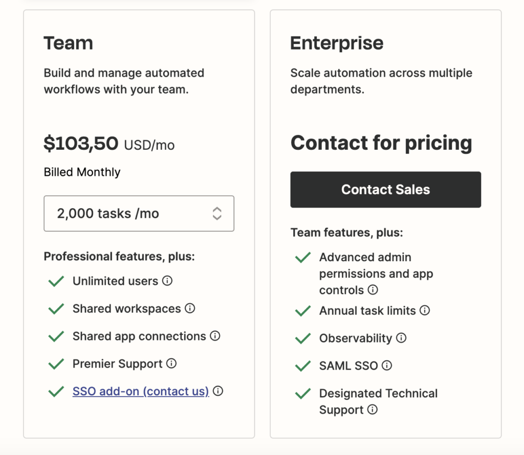 Zapier Pricing Plan Team and Enterprise