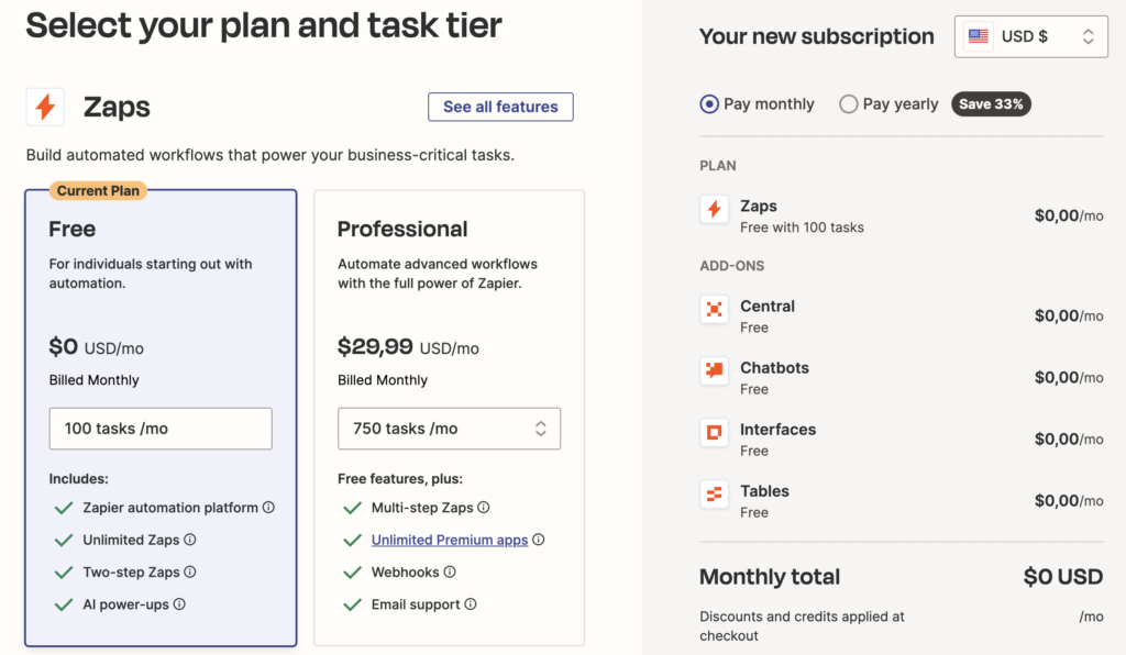 Zapier Pricing Plan Free and Professional