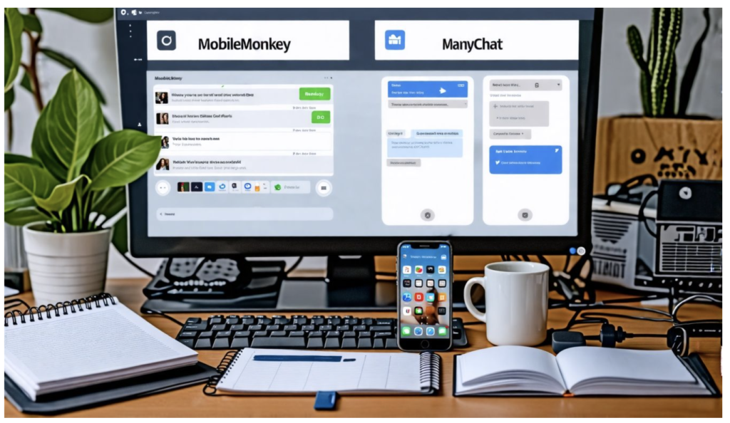 A desk with computer screen split between MobileMonkey vs ManyChat