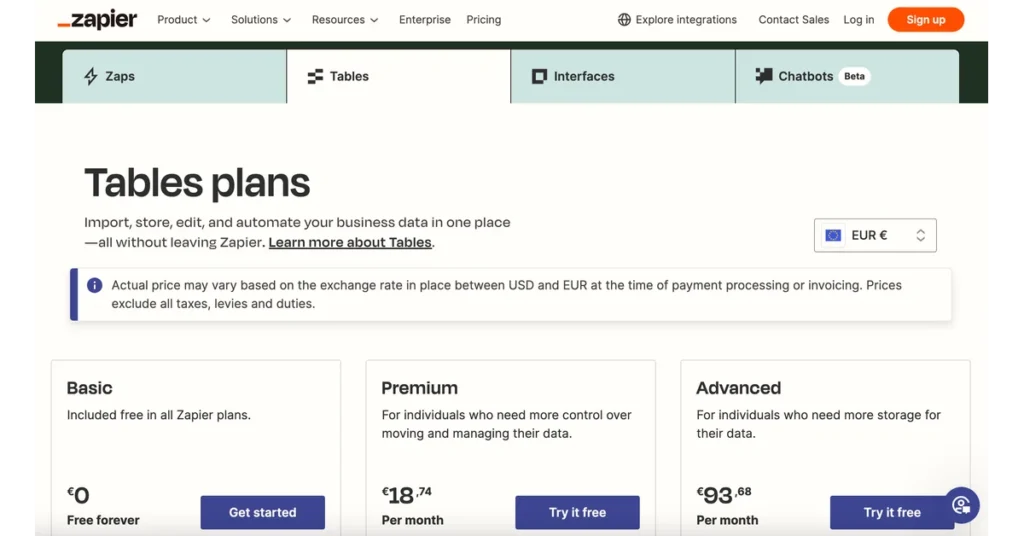Zapier Tables Pricing